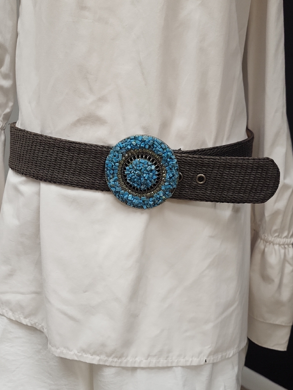 Blue Stone W/Rhinestones Buckle On Brown Belt. - Picture 2 of 11